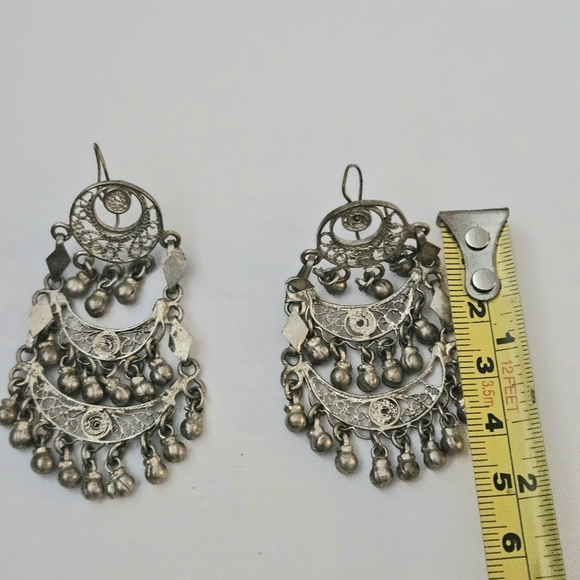 Vintage Handcrafted Intricate Ethnic Design Elegant Silver Chandelier Earrings - Picture 6 of 11